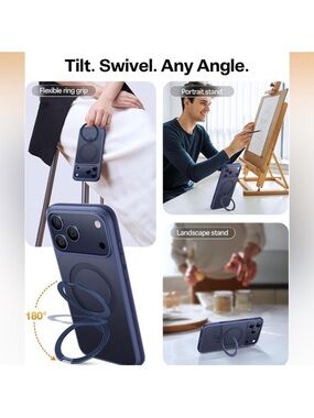 iPhone 17 Pro Max Universal Navy Blue Phone Case with 2-in-1 Rotating Ring Stand